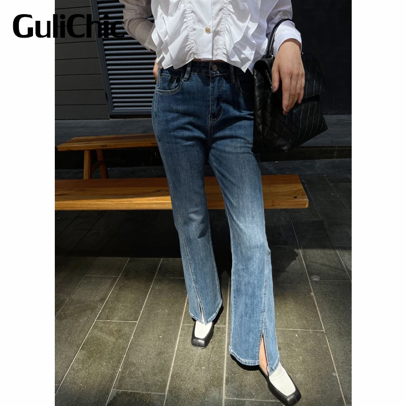 

8,4 GuliChic женские модные мягкие удобные тонкие повседневные расклешенные джинсы с разрезом