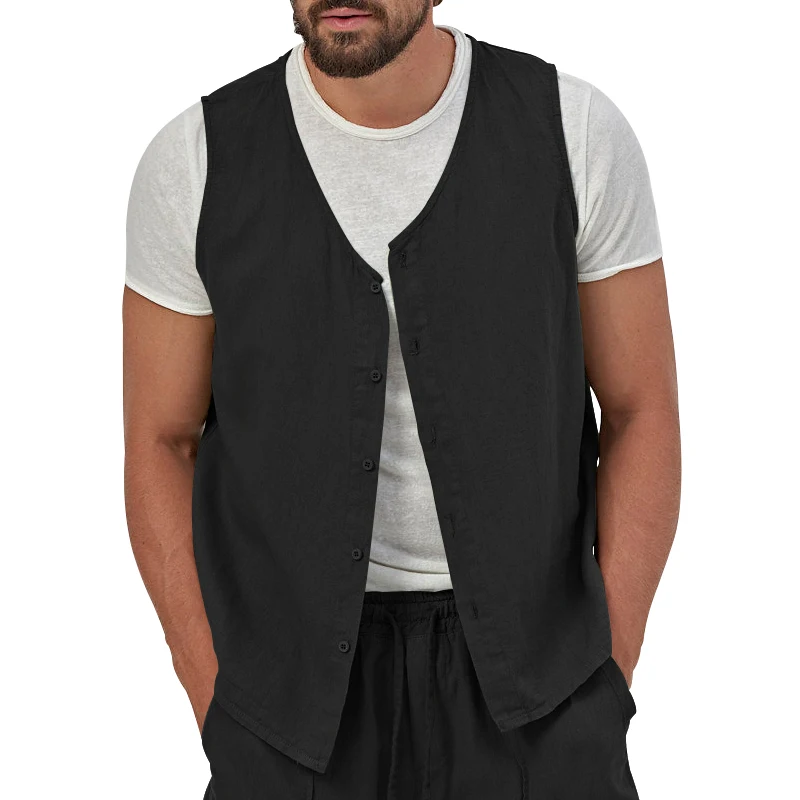 Summer New Men's Casual Coat Vest Multi Button Solid Cotton Linen Versatile Outdoor Fitness Beach Swimming Pool Top for Men