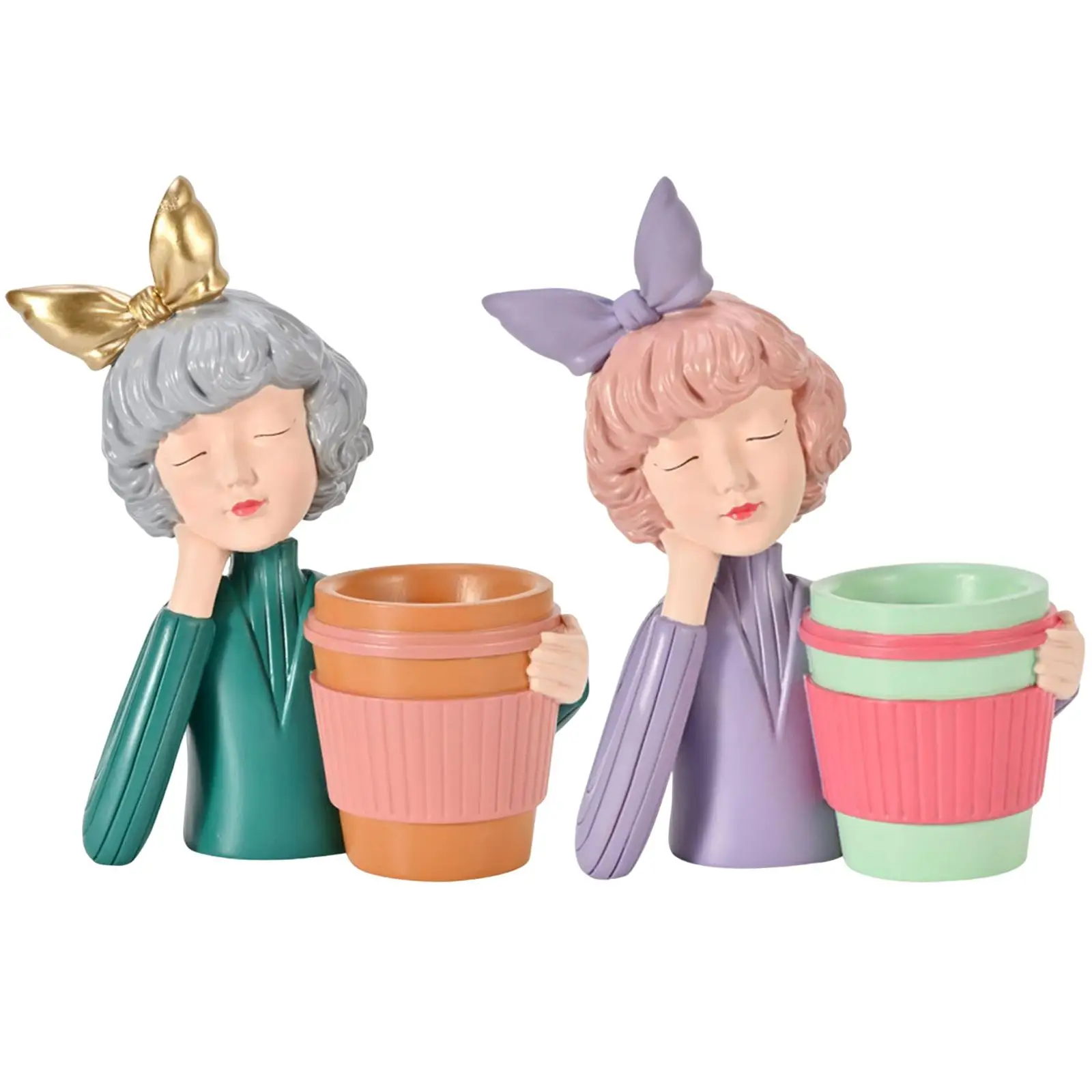 

Modern Girl Pen Holder Resin Cute Figurines for Tabletop Desk Decoration
