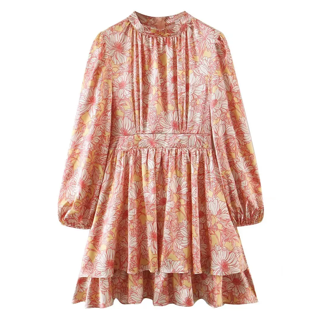 

A.D.EAST-Summer European and American wind favors flowers printed laminated splicing long-sleeved dress skirt-L58X677756