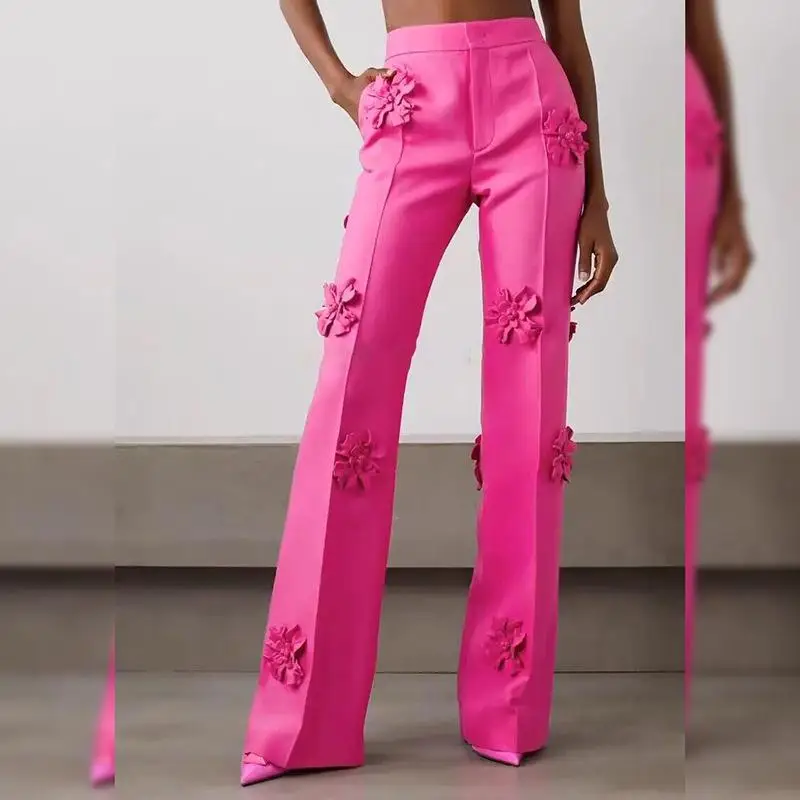 2023 Spring New Fashion Three-Dimensional Flower Decoration Micro Flare Trousers Pink Elegant Women Suit Pants Brand Clothes 4XL