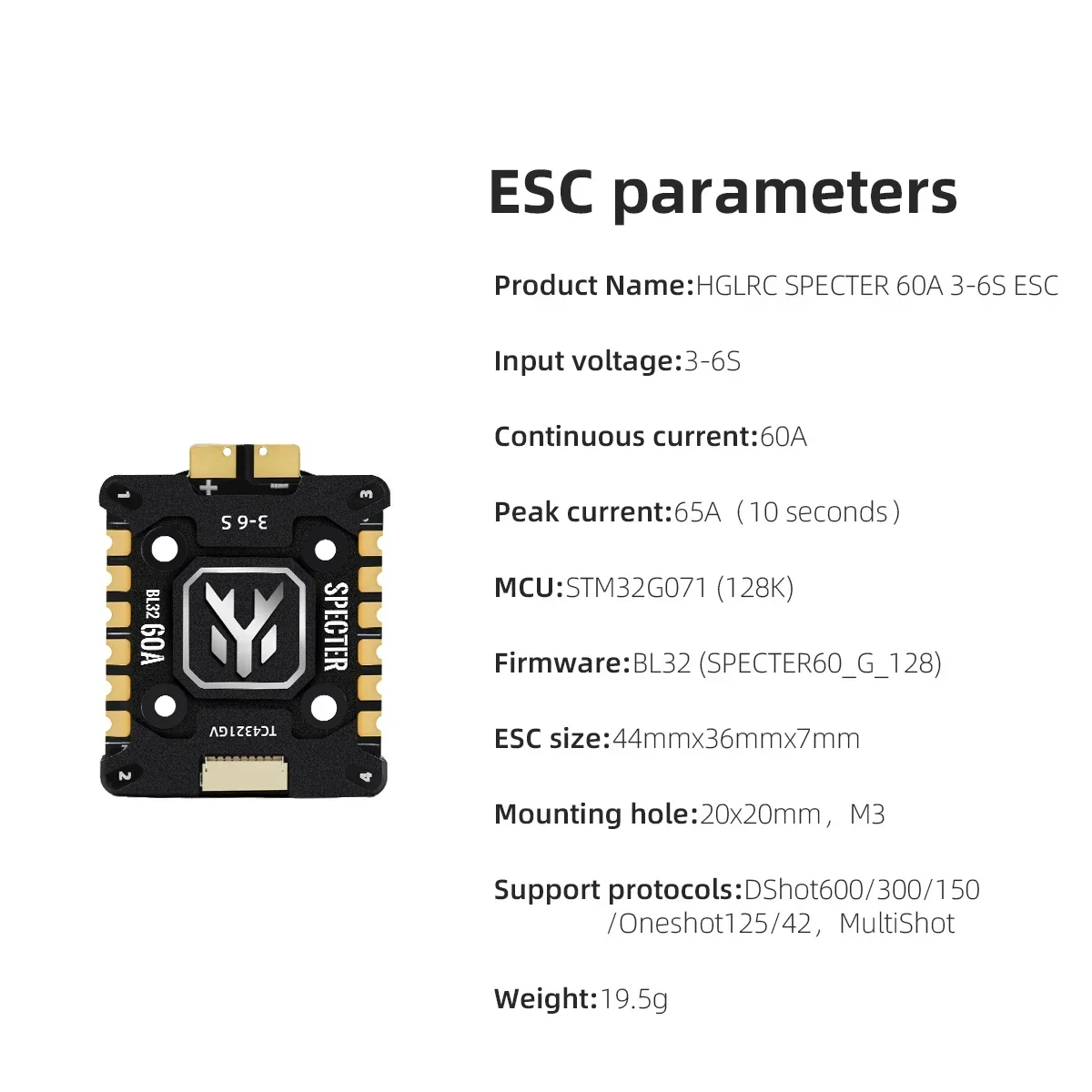 Фото Hglrc Specter 60A BL32 4-в-1 Mini ESC G071 128K со встроенным радиатором 20x20мм 3-6S для FPV дронов, запчасти для DIY-сборки №3