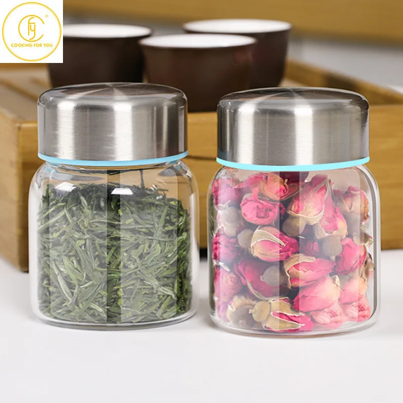 

150/200ml Glass Round Food Storage Jar with Stainless Steel Lid Kitchen Coffee Beans Tea Grains Canister Home Snack Storage Tank