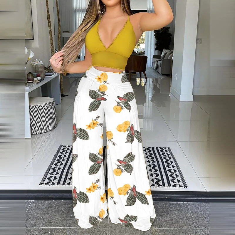 

Fashion Two Piece Set Casual Wear Suits Set Two Piece Outfit FloralPrint Spaghetti Strap Crop Top & Wide-leg Pants Set