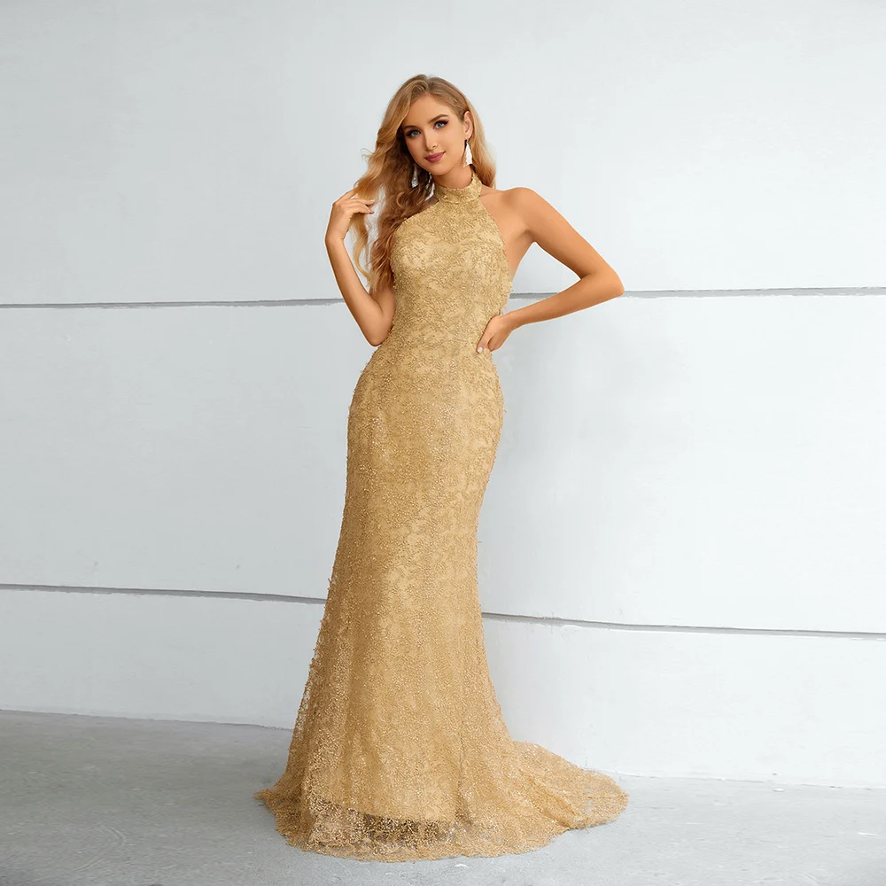 

Modern Halter Neck Gold Formal Evening Dresses Sexy Backless Lace Mermaid Sweep Train Prom Gown Sleeveless Giller Party Dress