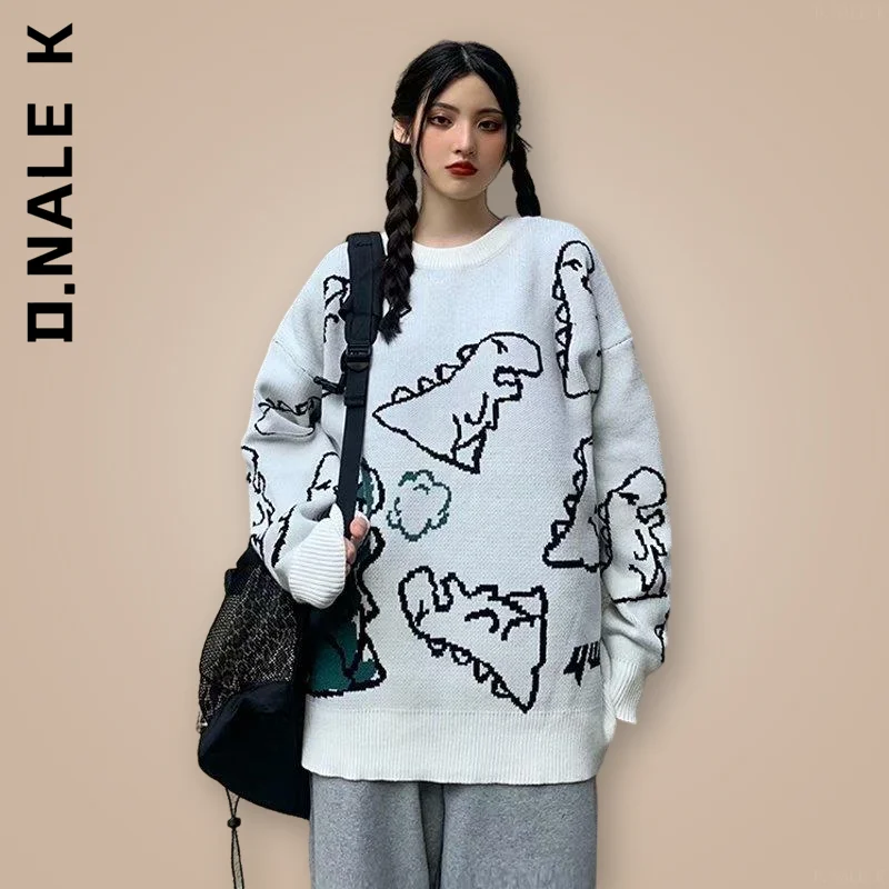 

Dinosaur Printed Women Sweater Knitted O-Neck Vintage Y2k Top Streetwear Sexy Women's Sweater Loose Casual Female Pullover Women
