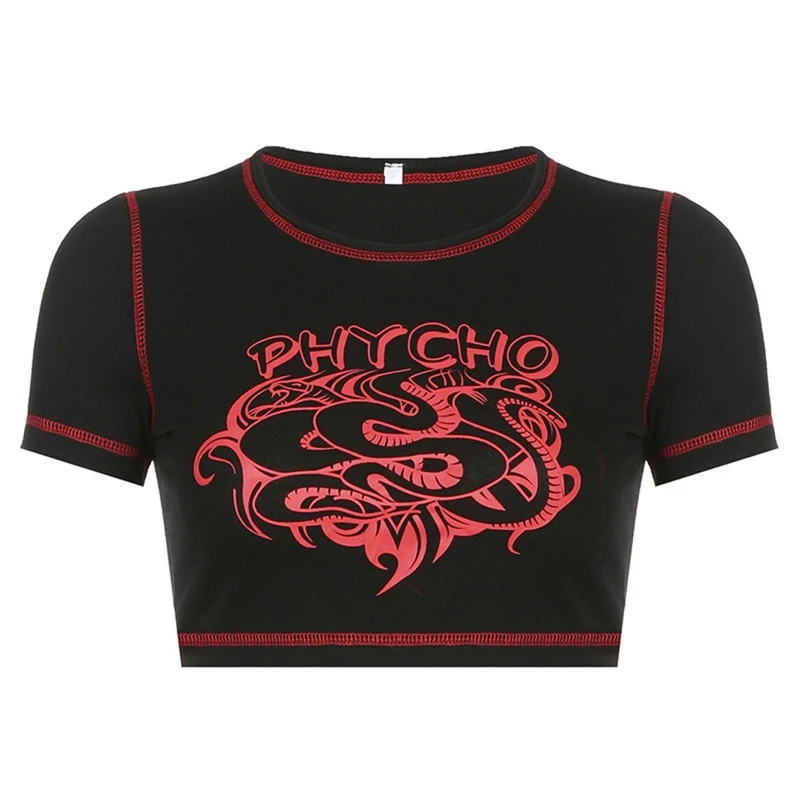 

Женский короткий топ со змеиным принтом, повседневная облегающая футболка с коротким рукавом, круглым вырезом и принтом в виде змеиных букв