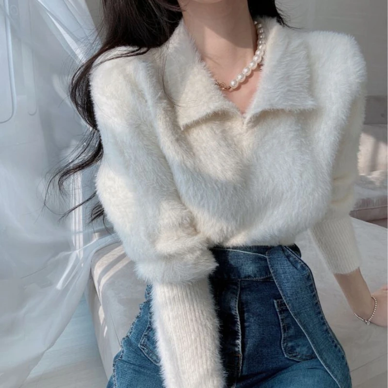 

Autumn Winter Furry Sweater Women 2022 Korean Fashion Long Sleeve Turn Down Collar Slim Casual Knitted Pullovers Tops Vintage