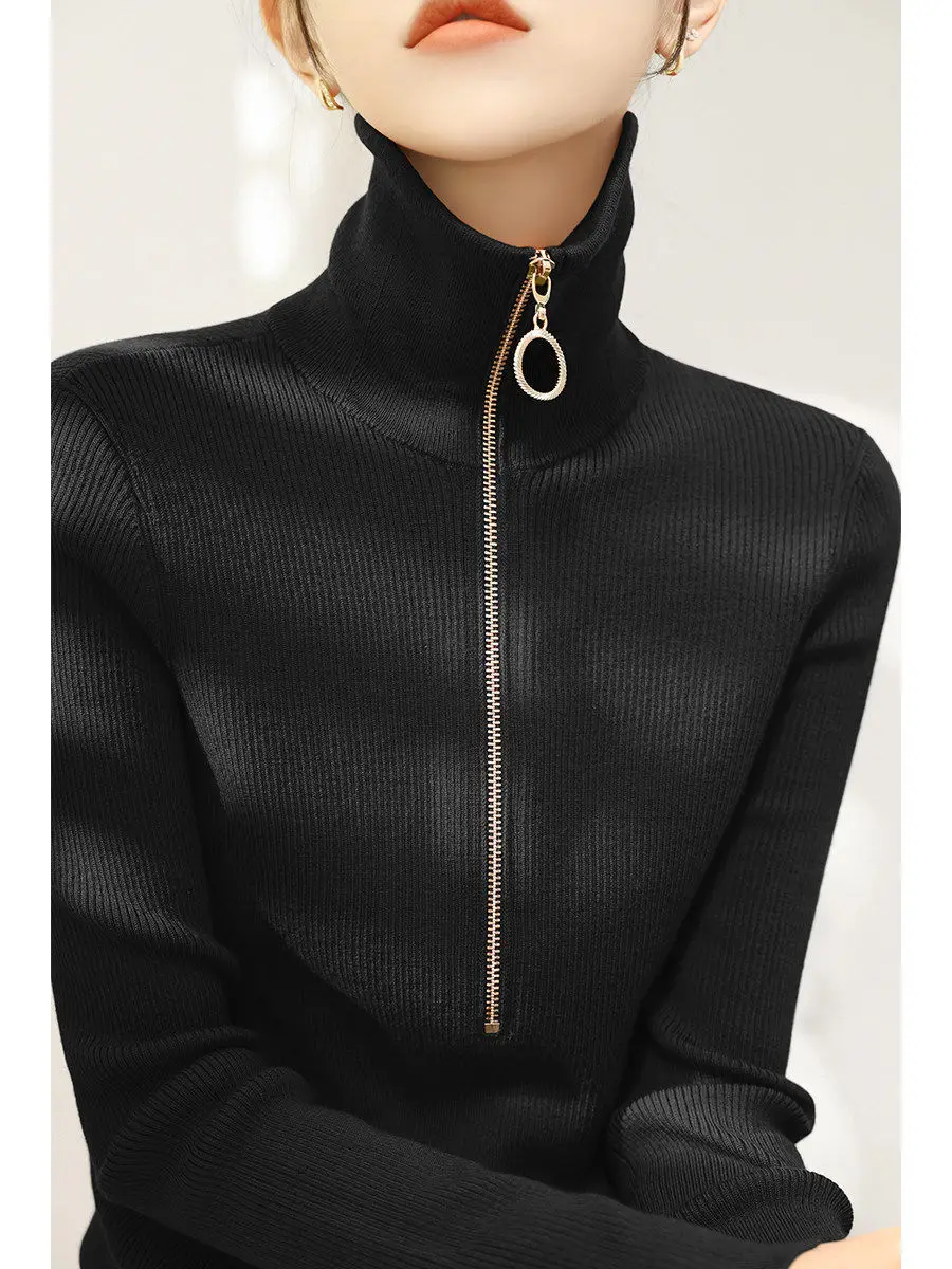 Новый весенний красный свитер с воротником-стойкой и полумолнией облегающий для