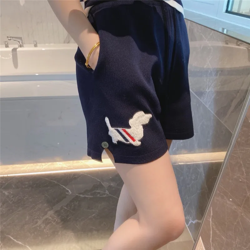 Summer tb college style shorts loose lace-up puppy embroidery sports casual hot pants ice silk knitted wide-leg pants