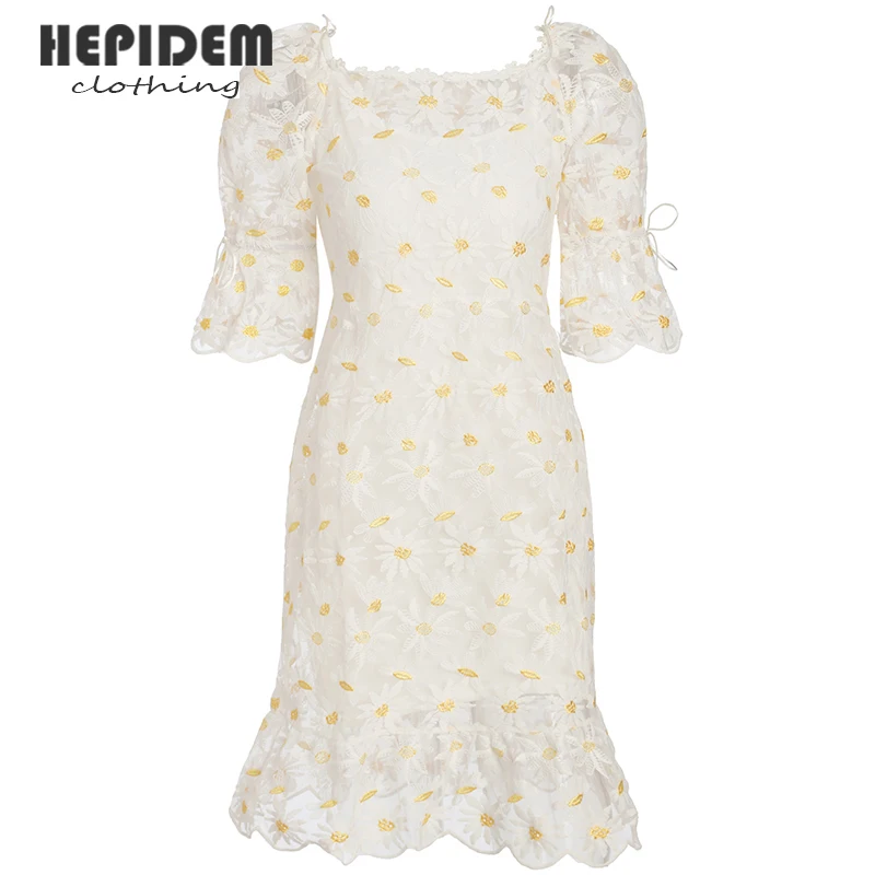 

HEPIDEM Clothing Fashion Designer Summer Short Dress Women Short Sleeve Patchwork Lace Vintage Jacquard Dress 69162