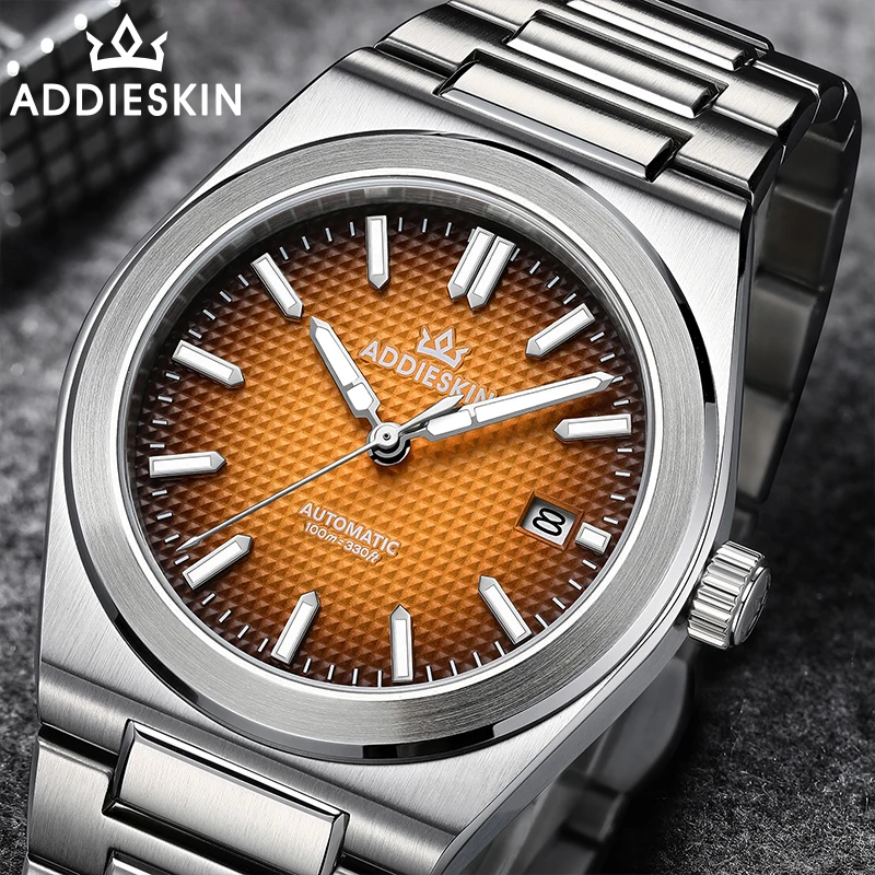 Фото AddiesKin K004 9015 Автоматические мужские часы с желтым вафельным циферблатом, 39 мм, ультратонкие, водонепроницаемость 100 м, сапфировое стекло, люминесцентное покрытие BGW9, подарок для мужчин. №3