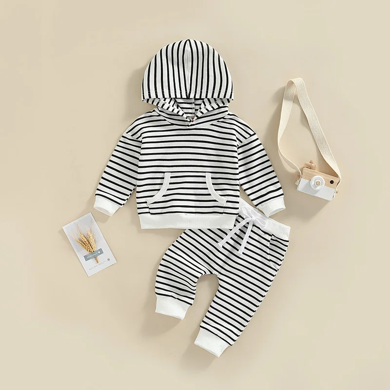 

Toddler Baby Boys Pant Suits Spring Autumn Casual Stripe Printed Long Sleeve Hooded Tops+Patchwork Trousers 2pcs Clothes Sets