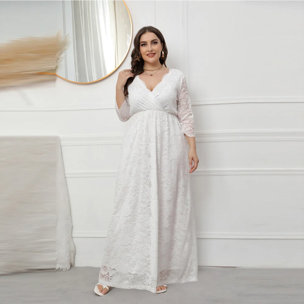 

Elegant Women Large Size Party Prom Dress For Wedding Evening 2022 New V-neck Lace Empire White Solid Color Three Quarter Sleeve
