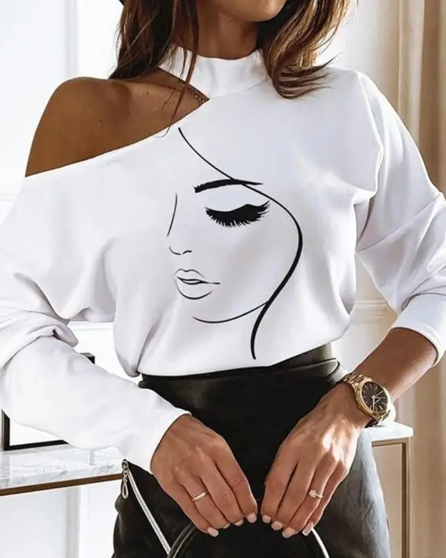 

Tops Women 2022 Summer New Casual Tees Abstract Figure Print Cold Shoulder Top Female Autumn Spring
