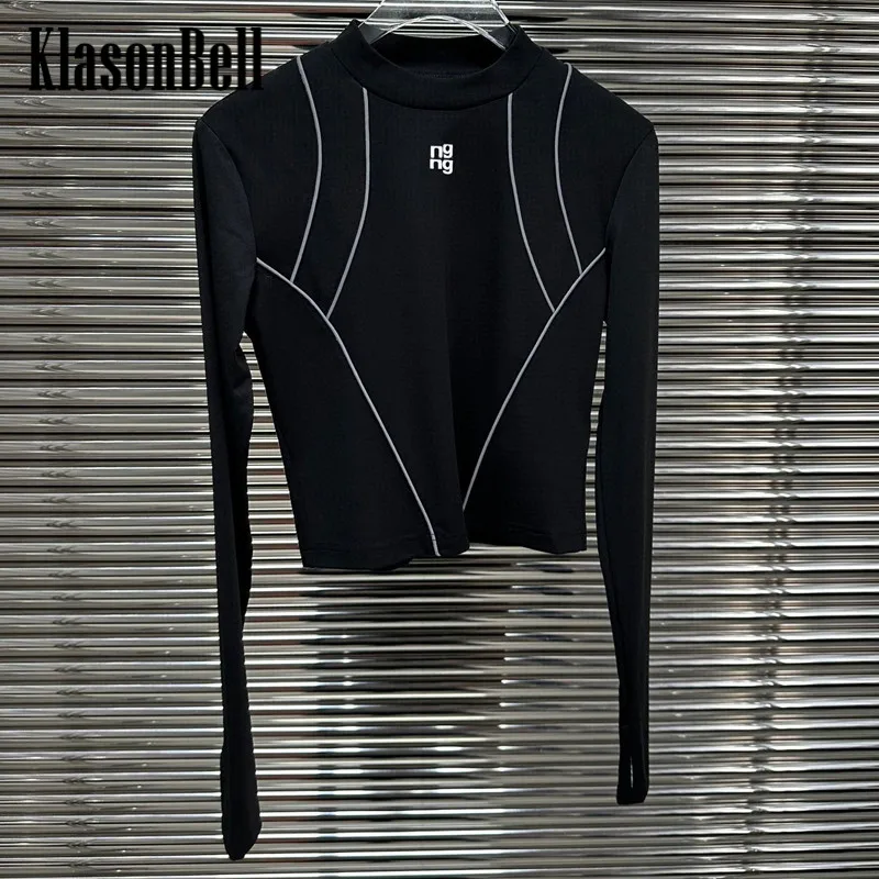 

10,20 KlasonBell топ с покрытием Женская универсальная модная черная белая полосатая строка с длинным рукавом короткая футболка