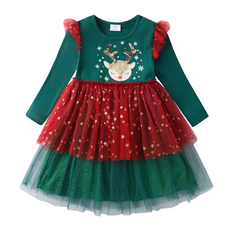 VIKITA/рождественское Новогоднее платье для девочек детское милое модное платье принцессы с длинными рукавами и принтом лося и снежинок на осень-зиму для детей от 3 до 12 лет