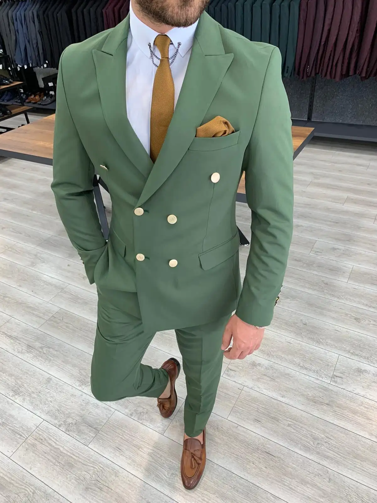 Latest Designs Double Breasted Green Men Suit Business Slim Fit Formal Groom 2 Pcs(Jacket+Pant) Wedding Suits Tuxedo Custom Made