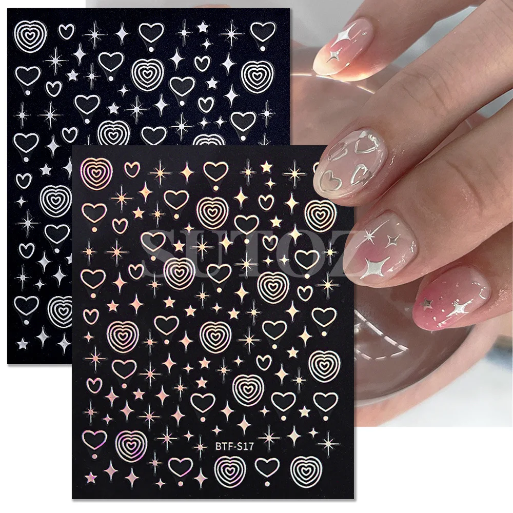 

3D Holographic Love Hearts Nail Stickers Gold Bronzing Stars Sliders Silver Chrome Nail Art DIY Manicure Decoration