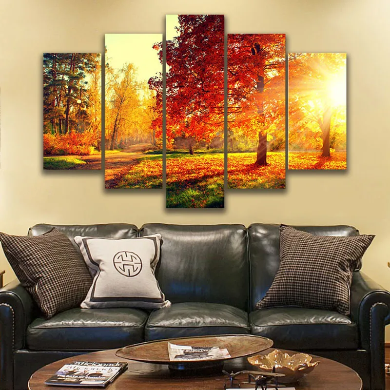 

Canvas Painting Modern 5 Pieces/Pcs Sunset Landscape Art Autumn Scenery Live Wall HD Decoration Modular Forest Picture Poster