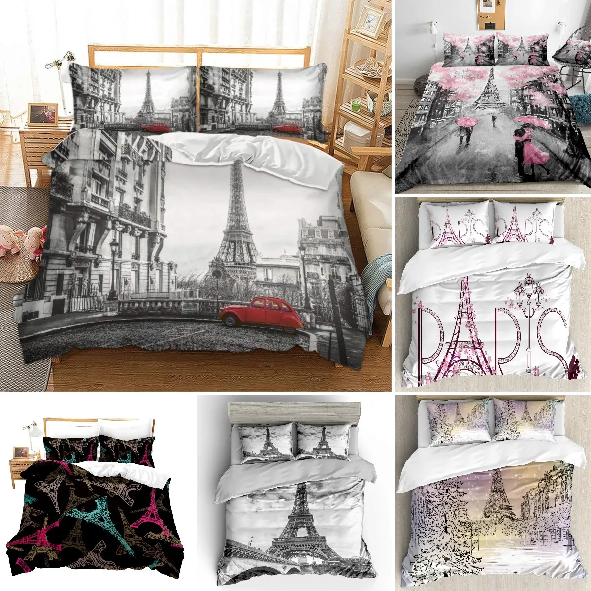 

Eiffel Tower Quilt Cover Set King/Queen Size Paris Theme Bedding Set Girls Teens,Famous French Grey Cityscape Style Duvet Cover