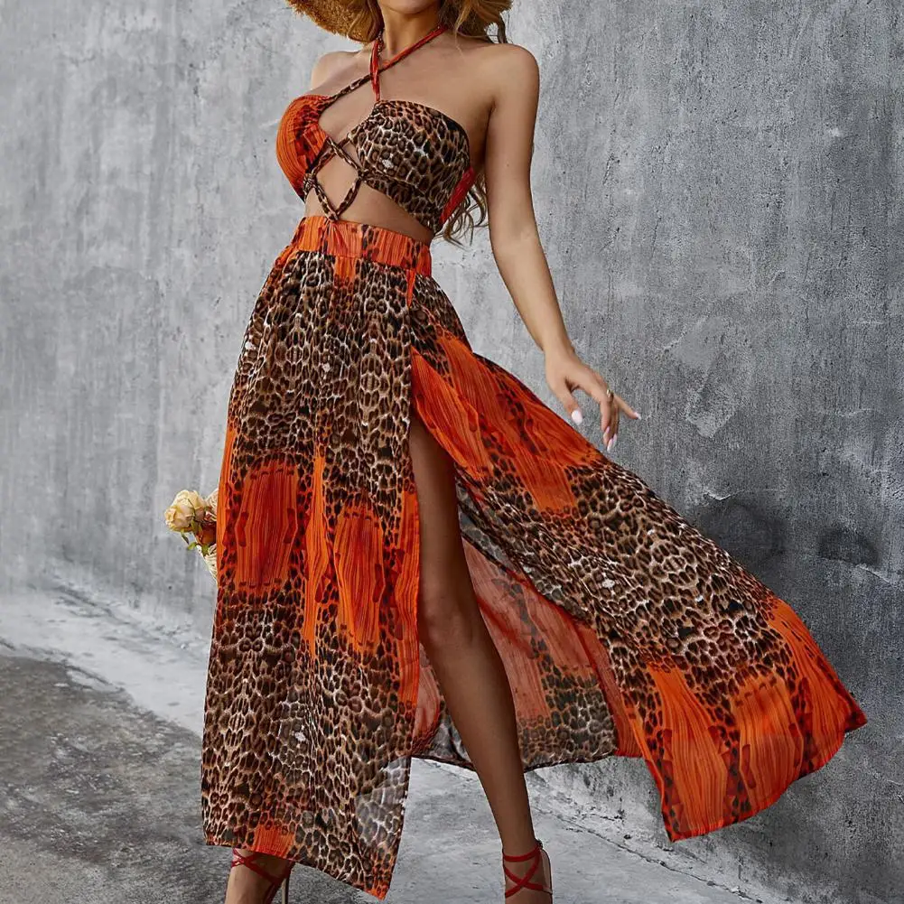 

Женское Клубное платье с запахом на груди, открытой спиной, поясом и вырезами, бандажный дизайнерский сексуальный леопардовый Сарафан Макс...