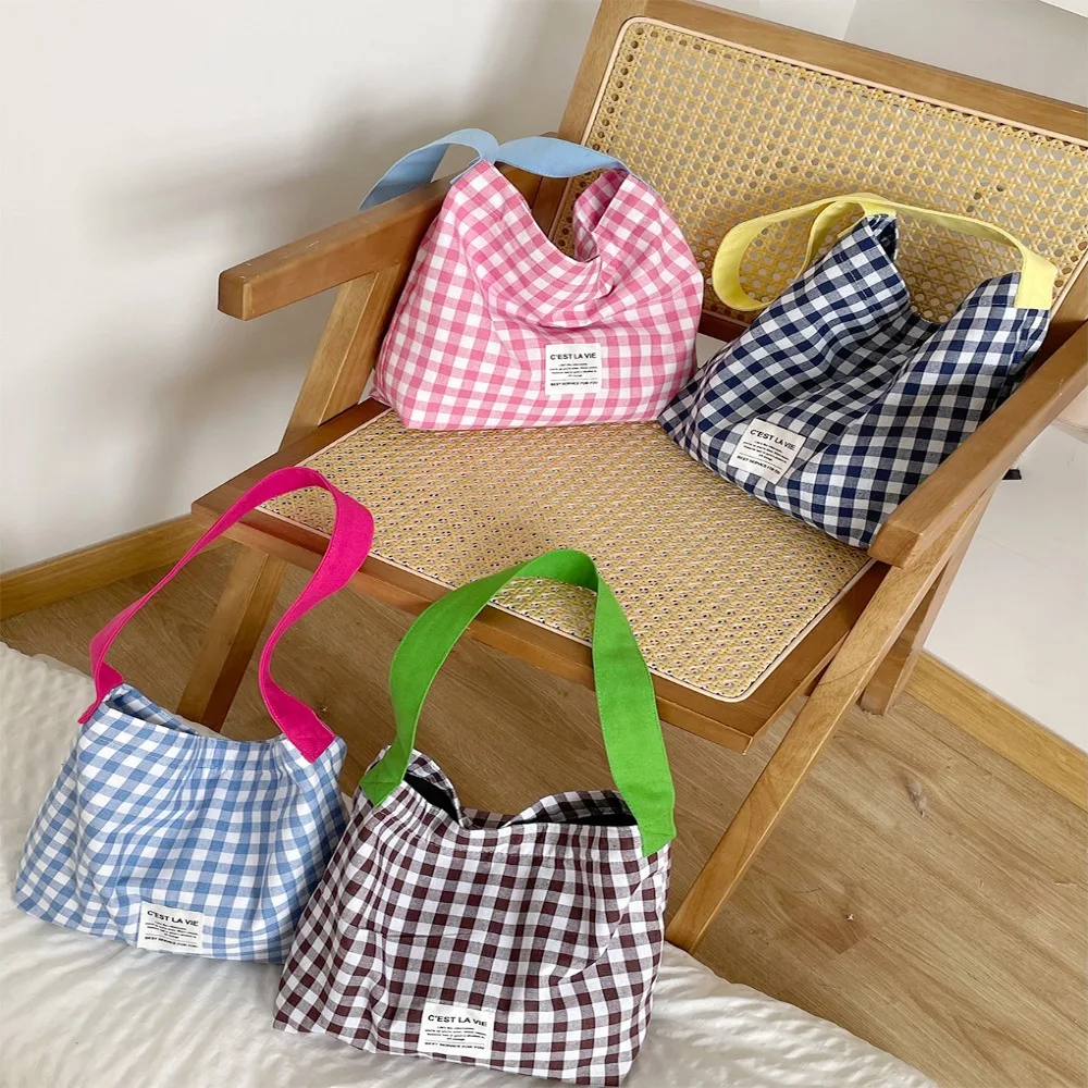 

Checkered Canvas Bag Reusable Contrast Color Storage Shoulder Bag Shopping Bag Christmas Gift