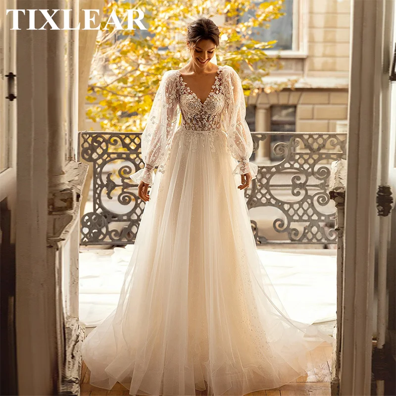 

Женское свадебное платье со шлейфом TIXLEAR, ТРАПЕЦИЕВИДНОЕ платье С V-образным вырезом, пышными рукавами и открытой спиной, 2023