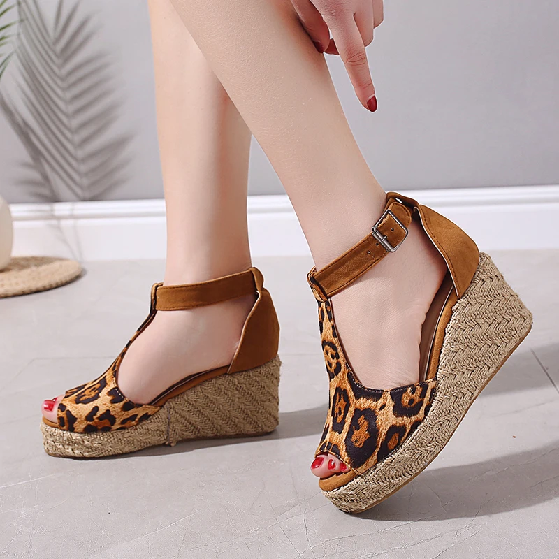 

Leopard Print Platform Wedge Peep Toe Sandals Women's Shoes Summer 2022 Fashion Roman Style Espadrilles Buckle Cover The Heels