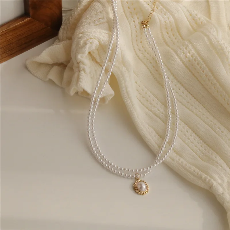 

Elegant Trendy Korean Style Pearl Pendant Necklace For Women Exquistie Double Layers Chains Chokers Vinteage Collar Necklaces