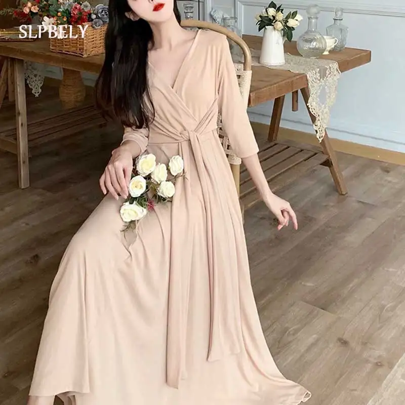 

SLPBELY Elegant Women Dress Spring French Style V Neck Lace up A Line Half Sleeve Long Dress Solid Ruched Midi Dress 2022 Chic