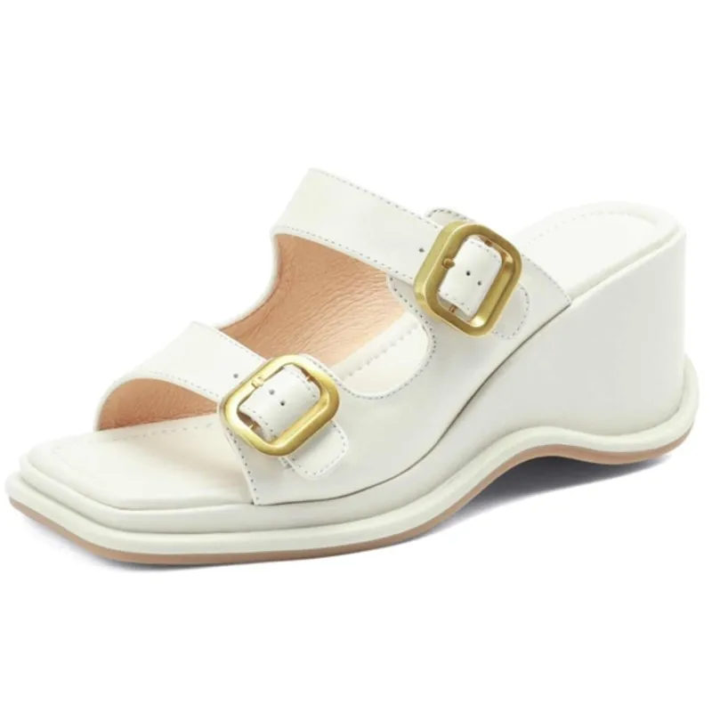 

Dilalula Big Size 43 Genuine Leather Peep Toe High Heel Wedges Mules Buckle Decoration Young Lady Leisure Women Sandals L72