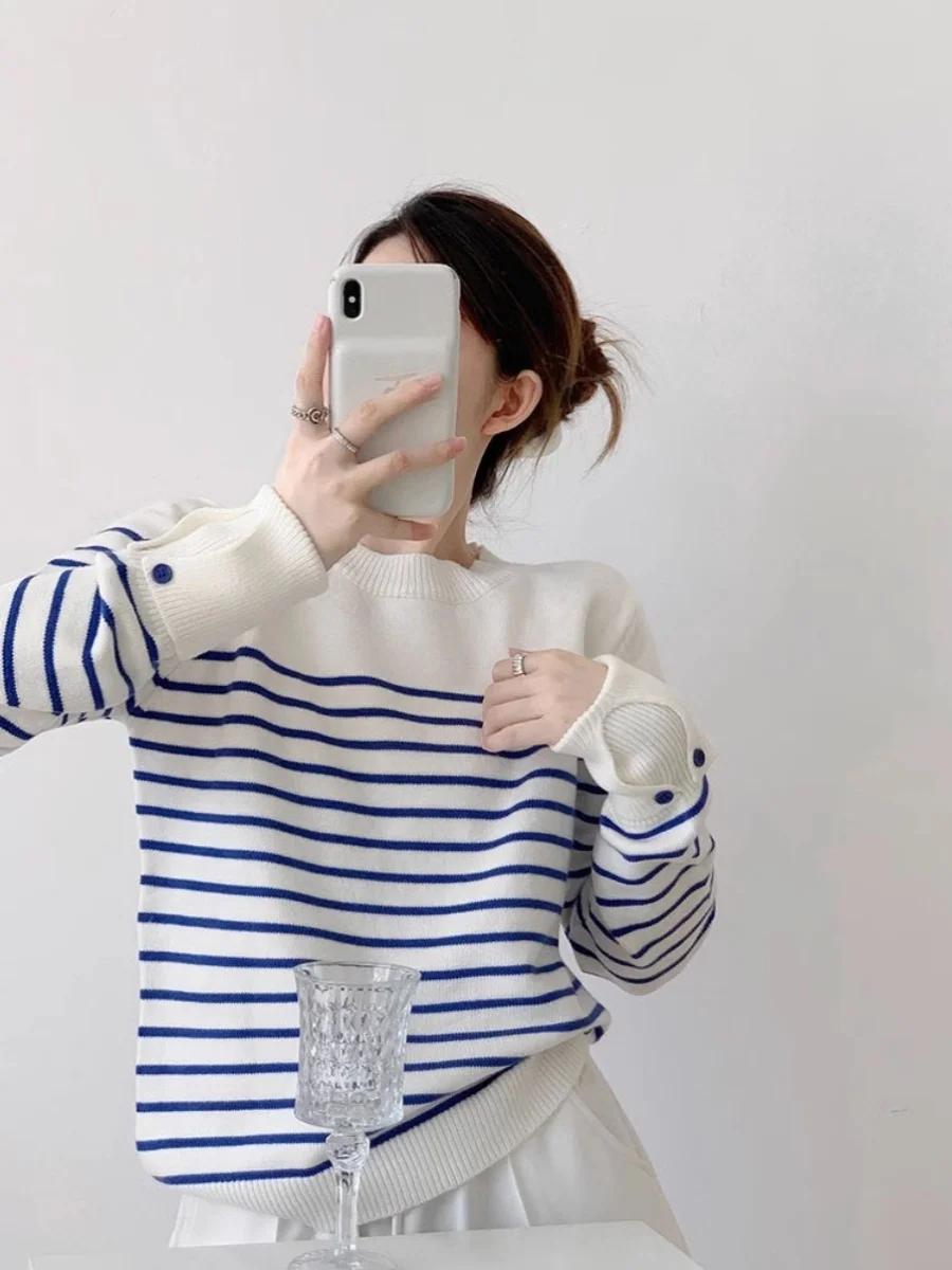 Пуловер в полоску контрастного цвета женский осенне-зимний свитер с круглым