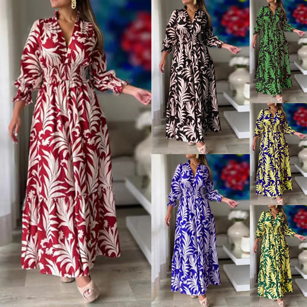 

2023 Autumn Winter New Bohemian Flower Printed Waist Tight Pullover Long Sleeve Long Dress V-Neck Big Hem Maxi Dresses For Women