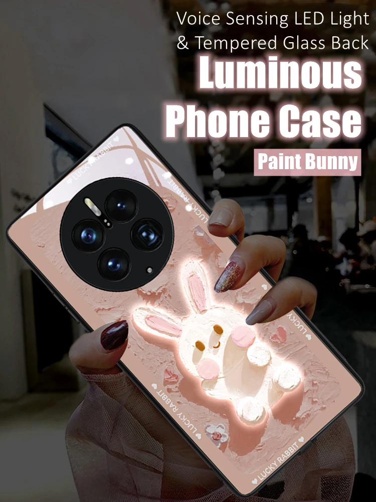 

Cute Paint Bunny LED Light Glowing Luminous Tempered Glass Phone Case for Huawei P30 40 50 60 Mate 30 40 50 Nova 8 9 10 Pro Plus