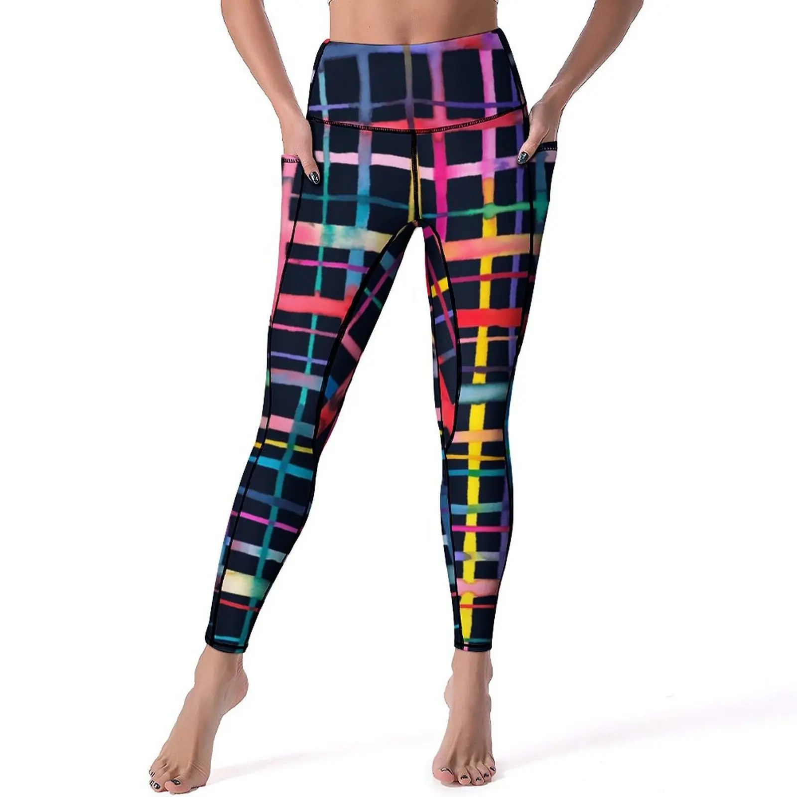 

Качественные штаны для йоги с абстрактным геометрическим рисунком, разноцветные клетчатые леггинсы, Леггинсы пуш-ап для спортзала, женские милые быстросохнущие спортивные колготки
