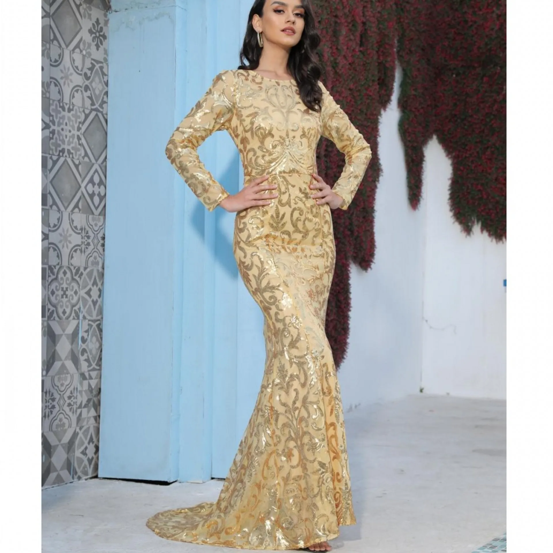 

Elegant Women Wedding Evening Party Maxi Dress Long Sleeve Gold O Neck Fashion Sequin Dress Bodycon Vestido Femme Robes Purple
