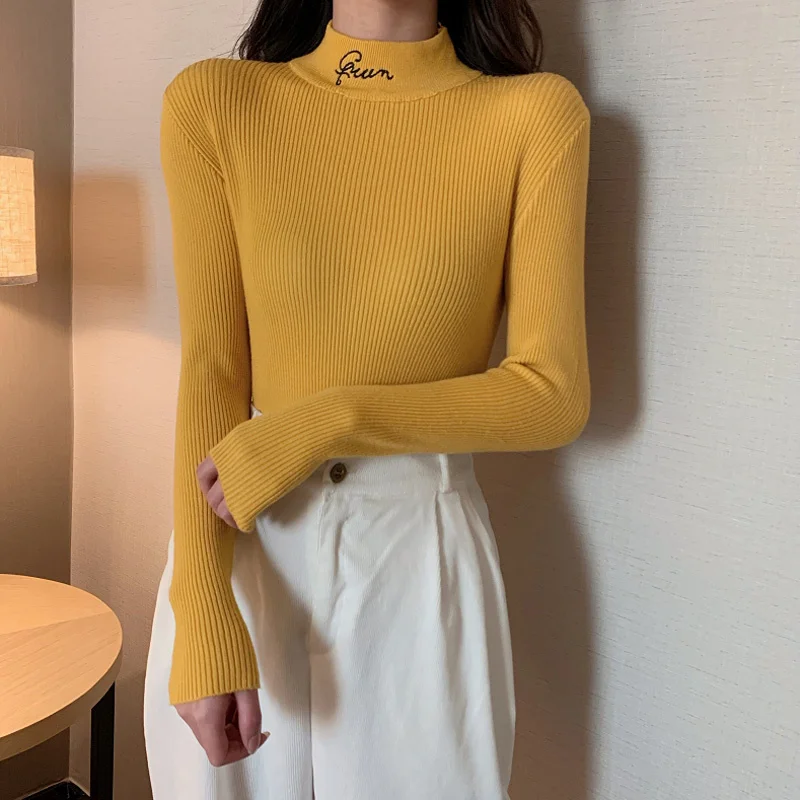 

New 2022 Women Pullover Half high collar Sweater Autumn Long Sleeve Slim Elastic Simple Basic Cheap Jumper Solid Color Top