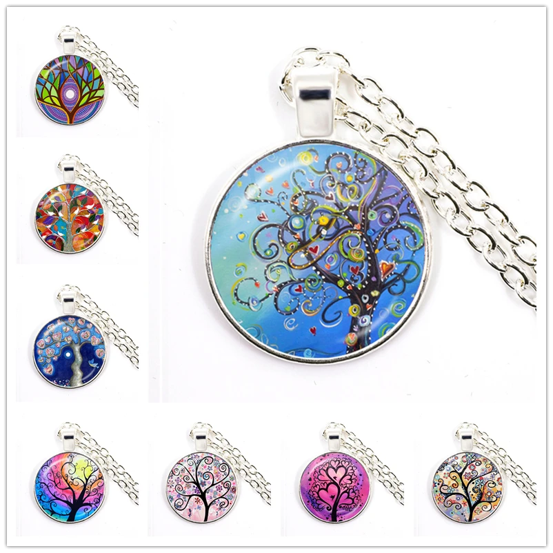 

Tree Of Life Glass Cabochon Dome Statement Jewelry Vintage Charm Chain Choker Necklace & Pendant Gift For Women Men