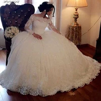 white ball gown wedding dress long sleeves lace sequin appliques 2021 plus size formal bridal dresses princess wedding gowns