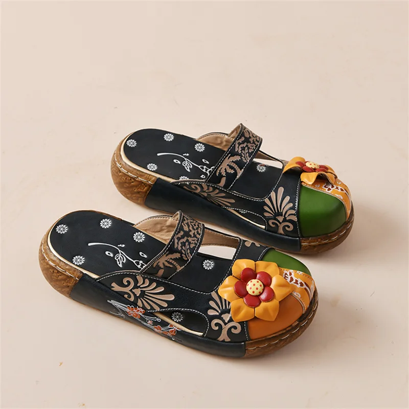 Summer Slippers Casual Vintage Flats Women Printed Leather Boho Beach Sandals Flowers Hollow Out Slip-On Platform Shoes Zapatos