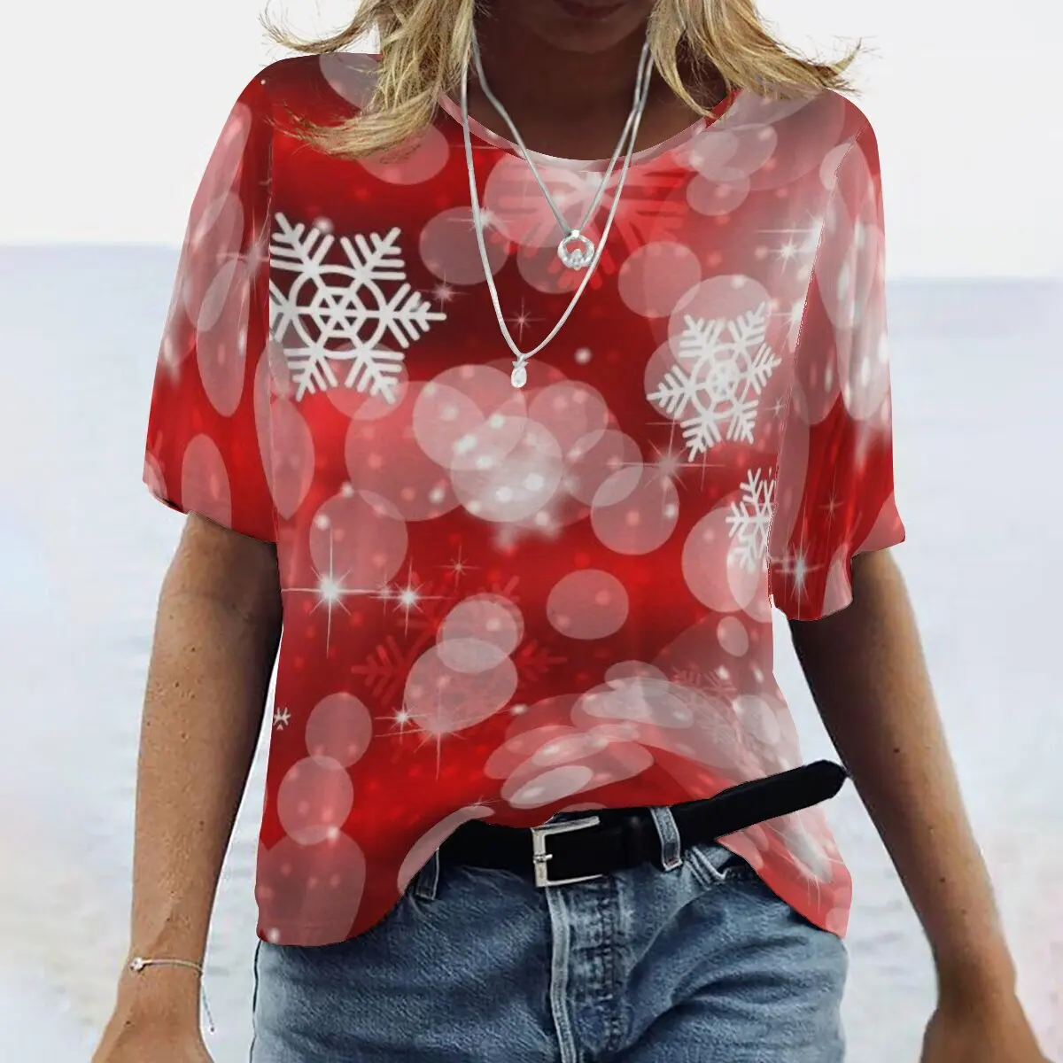 

SNAKE YX Ladies New Fashion Printed Round Neck Short Sleeve Top XXS-10XL