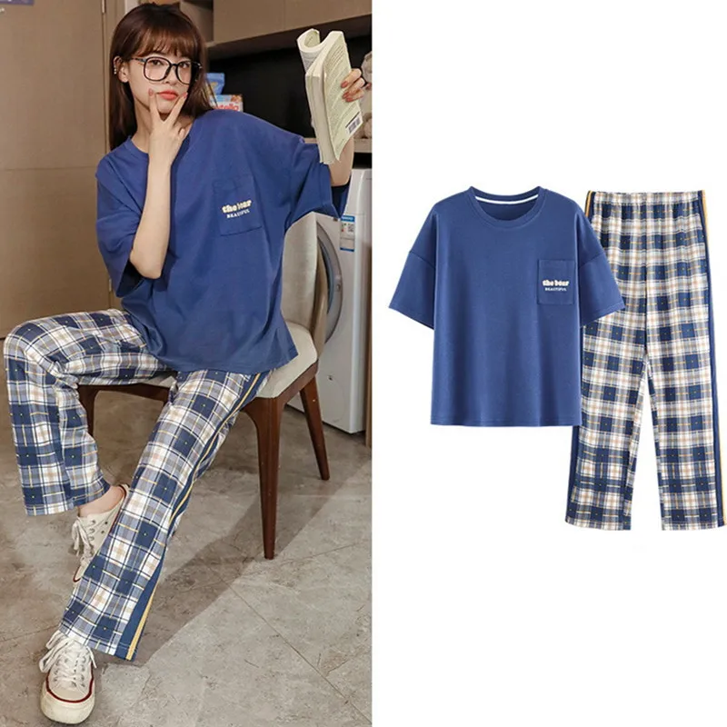 Fdfklak Cartoon Cute Pajamas For Women New Cotton Short Sleeve Trousers Home Clothes Summer Pyjamas Female Nightwear Suit