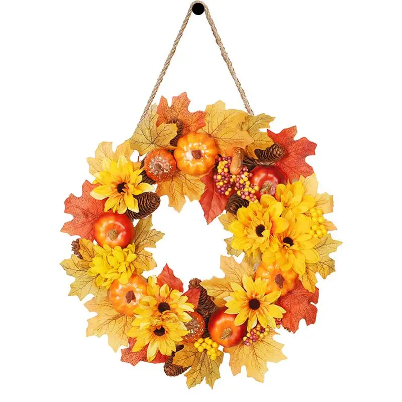 

Autumn Door Wreath Harvest Outdoor Decorations Maple Leaves And Pumpkin Design Rustic Round Wall Hung Farmhouse Home Window