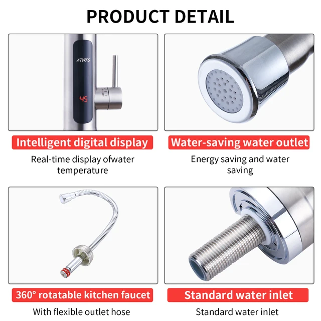 ATWFS Instant Water Heater Faucet Tankless Heaters Kitchen Hot Water Tap Bathroom Heating Electric 220v Stainless Steel Shell 5