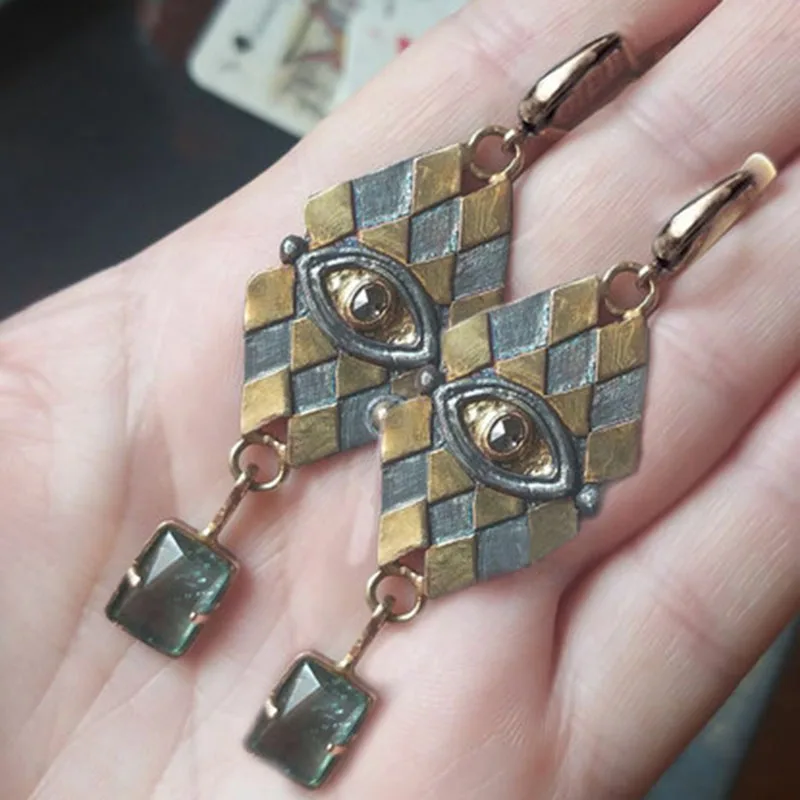 

Gorgeous Large Geometric Two Tone Metal Dangle Earring Rhombic Jewelry Eye Design Square Green Zircon Stone Earrings for Women