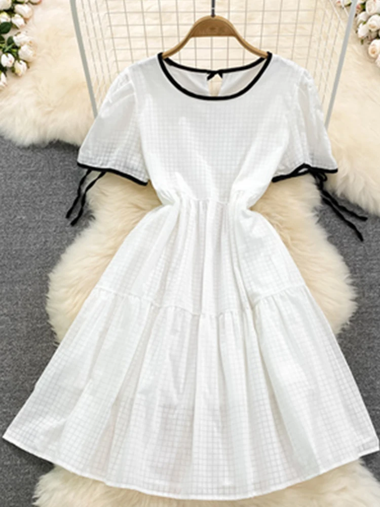 

FTLZZ летнее Новое Женское милое модное лоскутное платье с круглым вырезом и высокой талией, женское повседневное клетчатое платье трапециев...