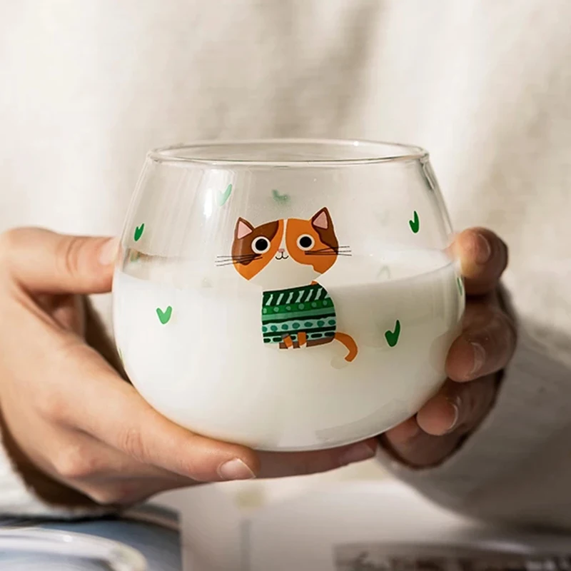 

Cute Cartoon Cat Tumbler Glass Breakfast Milk Coffee Juice Mugs Office Heat Resistant Drinking Water Party Beer Cups 450mL