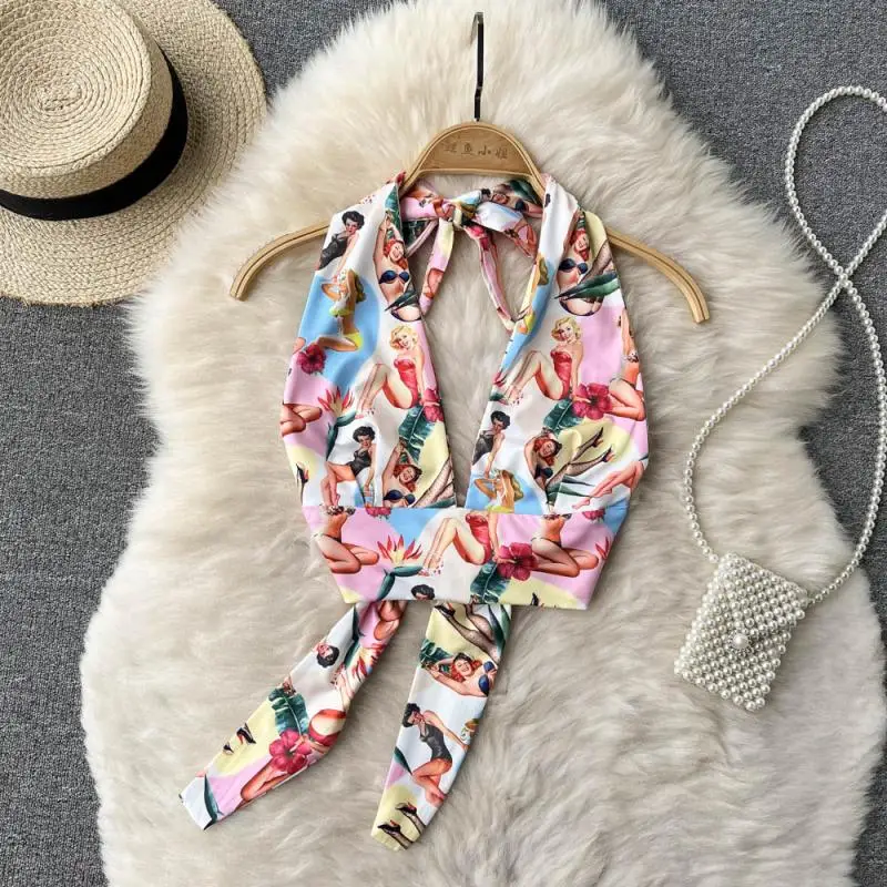 

Women's Satin Print Irregularity Design Camis Halter Vintage Tank Tops Sleeveless Camis Strapless Off Shoulder Bandage Crop Top