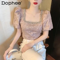 pullover shirts women 2022 summer new retro jacquard beaded square collar short lace top puff sleeve blusas